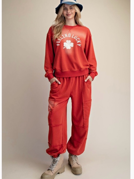 Easel Los Angeles Tops - Easel Feeling Lucky Red Lounge Sweatshirt & Joggers Set